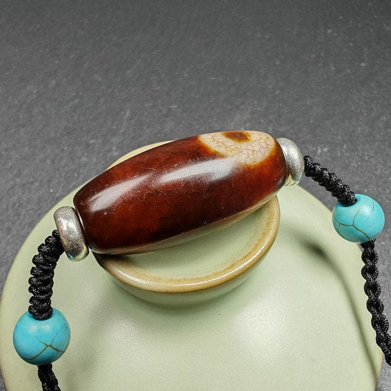 Fire Agate Lotus Dzi Amulet 31 - Tibetan dzi bead, view 5