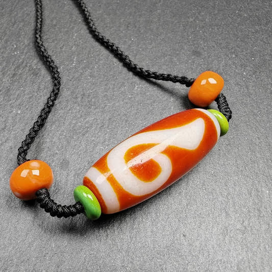 Dzi Necklace - Tibetan Buddhist bead necklace, front view