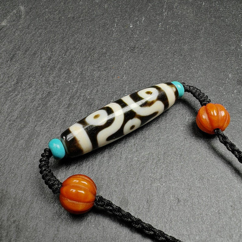 Cross Vajra 6 Eyed Dzi Bead Necklace - Tibetan Buddhist bead necklace, detailed view