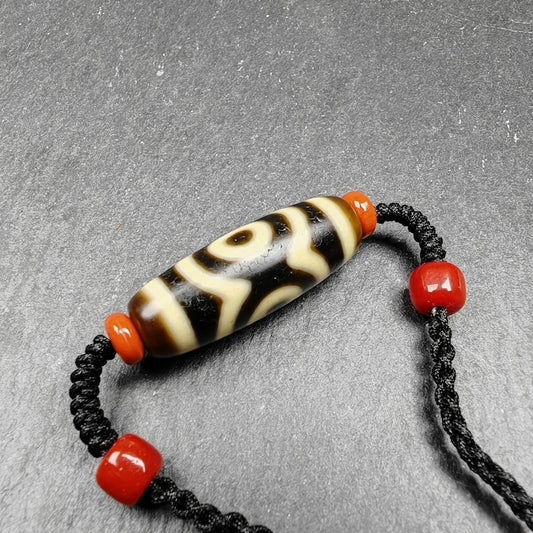 Tibetan Mandala 3 Eyes Dzi Bead Necklace Amulet |30*11mm