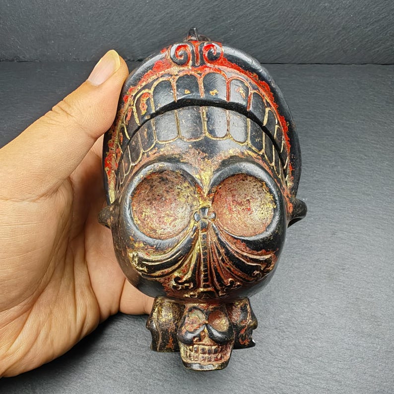 Copper Kapala Skull Cup Set - Tibetan Buddhist Offering Bowl - Ritual Implement - 16cm height