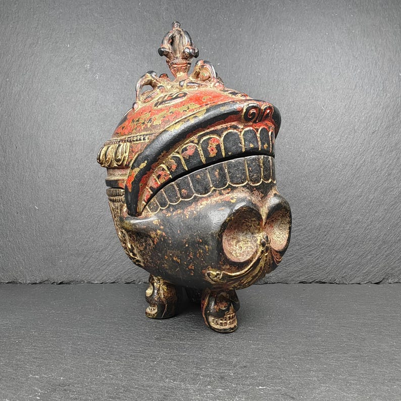 Copper Kapala Skull Cup Set - Tibetan Buddhist Offering Bowl - Ritual Implement - 16cm height