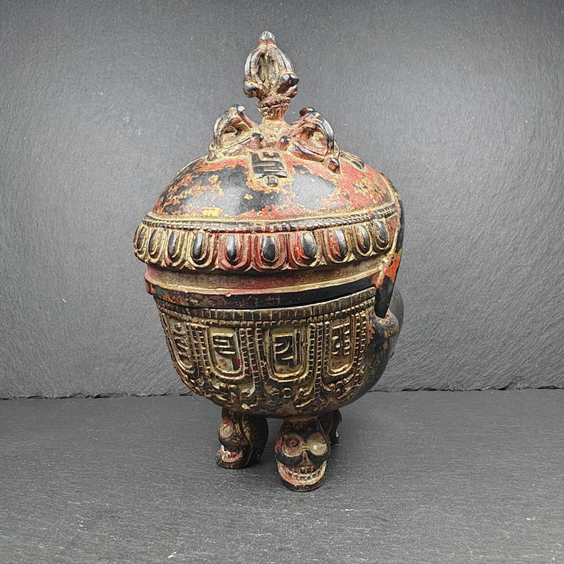 Copper Kapala Skull Cup Set - Tibetan Buddhist Offering Bowl - Ritual Implement - 16cm height