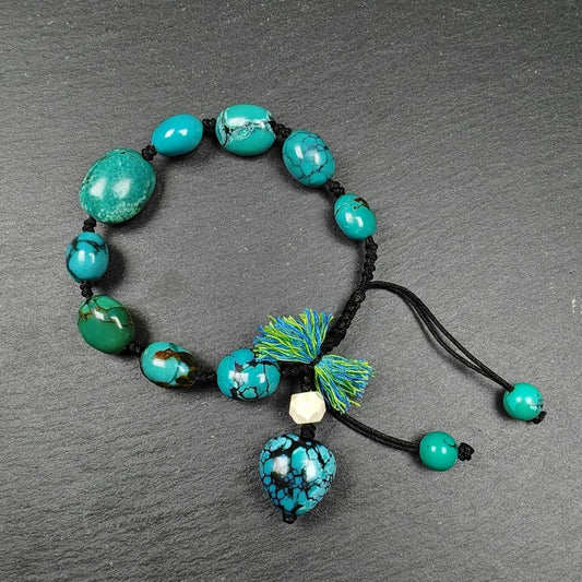 Authentic Turquoise Wrist Mala Bracelet - Old Tibetan Rosary Prayer Beads - 12mm