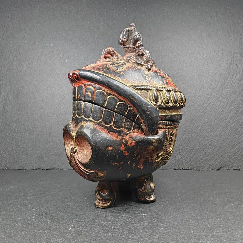 Copper Kapala Skull Cup Set - Tibetan Buddhist Offering Bowl - Ritual Implement - 16cm height