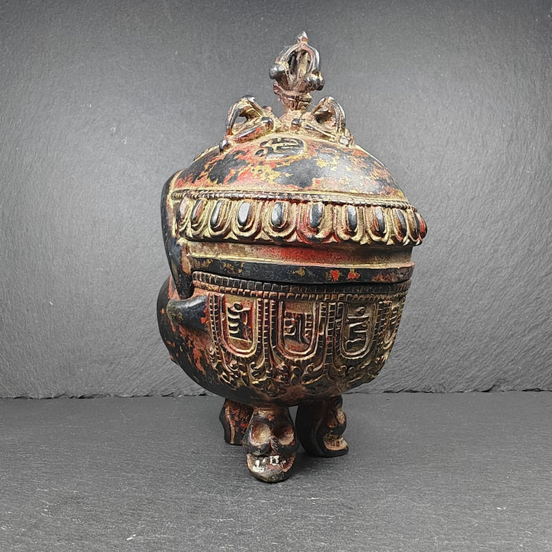 Copper Kapala Skull Cup Set - Tibetan Buddhist Offering Bowl - Ritual Implement - 16cm height