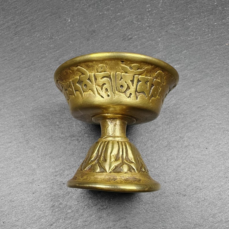 Tibetan Buddhist Offering Butter Lamps Set - Carved OM Mani Pademe Hum Letter - Made of Bronze