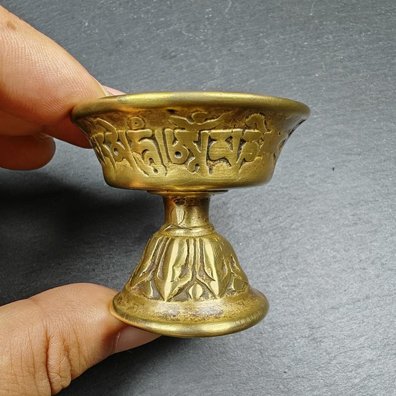 Tibetan Buddhist Offering Butter Lamps Set - Carved OM Mani Pademe Hum Letter - Made of Bronze