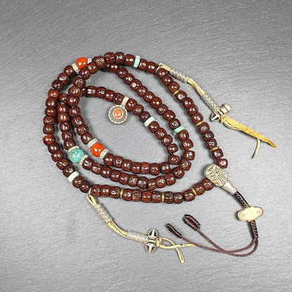 Authentic 8mm Rudraksha Necklace Mala: Tibetan 108 Prayer Beads Rosary - 40cm Stretched