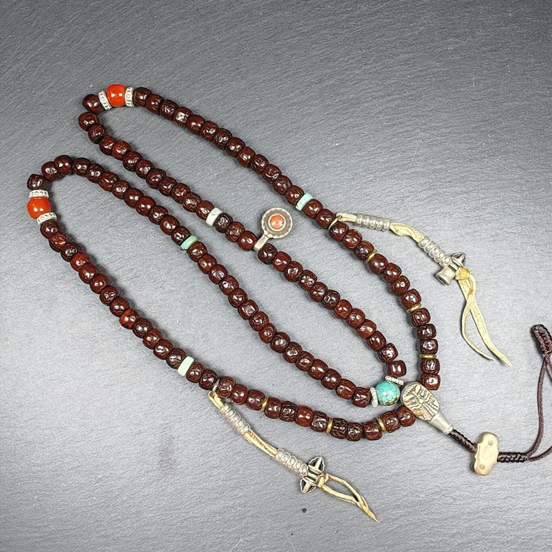 Authentic 8mm Rudraksha Necklace Mala: Tibetan 108 Prayer Beads Rosary - 40cm Stretched