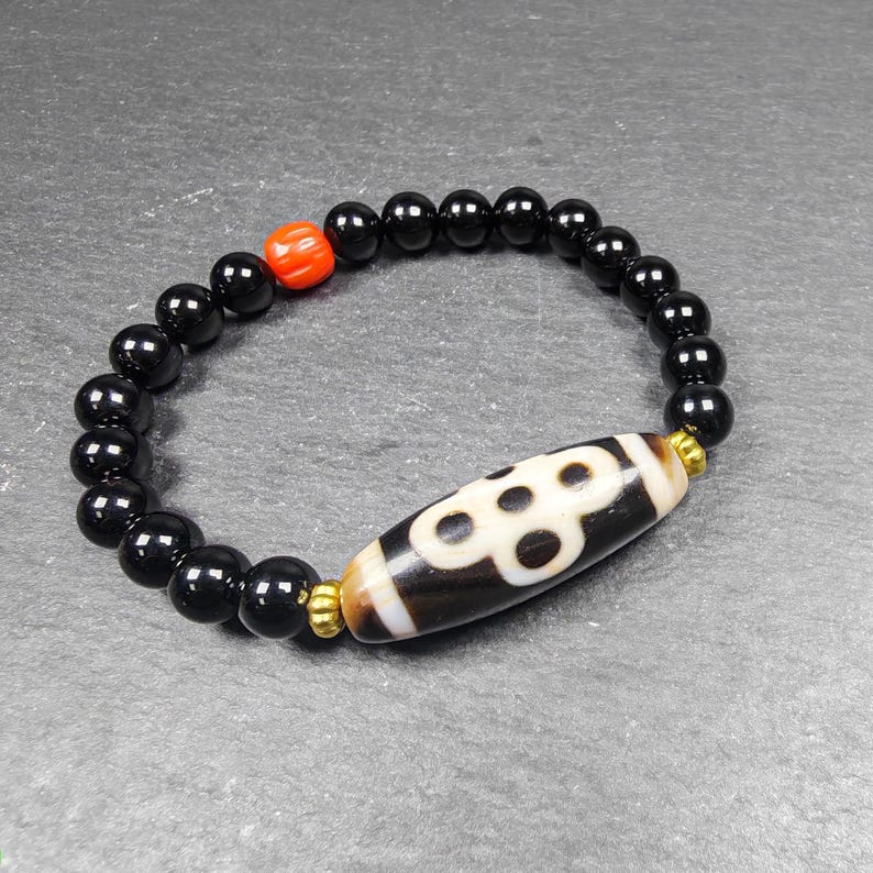 Thunder 5 Eyes Dzi Wrist Mala - Gandhanra Unique Tibetan Dzi + Black Onyx + Agate Bracelet - Spiritual Gift