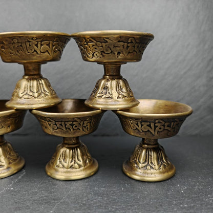 Tibetan Buddhist Offering Butter Lamps Set - Carved OM Mani Pademe Hum Letter - Made of Bronze