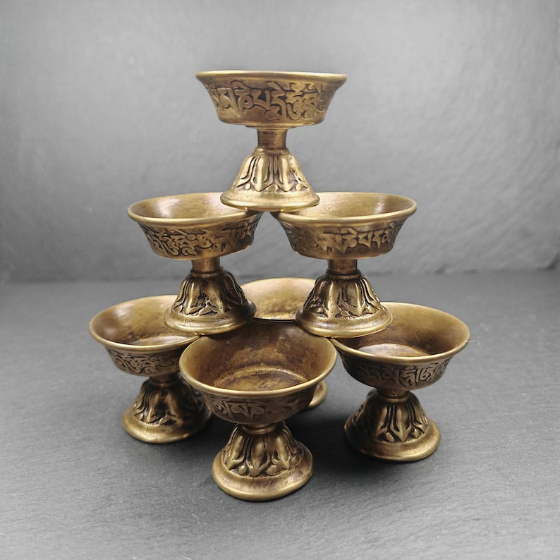 Tibetan Buddhist Offering Butter Lamps Set - Carved OM Mani Pademe Hum Letter - Made of Bronze
