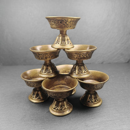 Tibetan Buddhist Offering Butter Lamps Set - Carved OM Mani Pademe Hum Letter - Made of Bronze