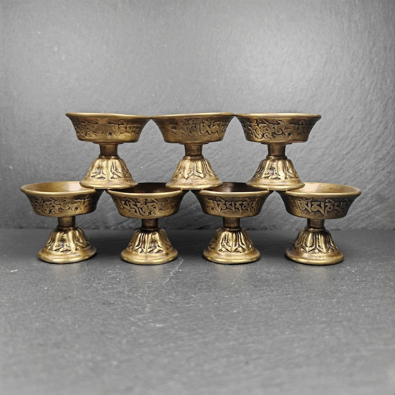 Tibetan Buddhist Offering Butter Lamps Set - Carved OM Mani Pademe Hum Letter - Made of Bronze