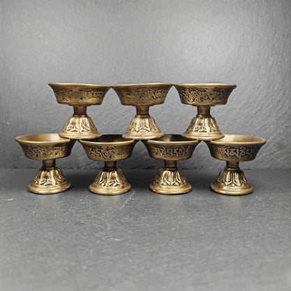 Tibetan Buddhist Offering Butter Lamps Set - Carved OM Mani Pademe Hum Letter - Made of Bronze