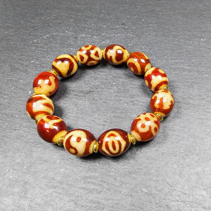 Authentic Tibetan Fire Agate Dzi Beads Wrist Mala - 14× 12mm