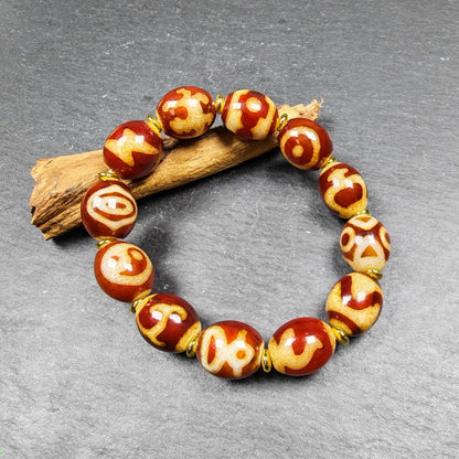 Authentic Tibetan Fire Agate Dzi Beads Wrist Mala - 14× 12mm
