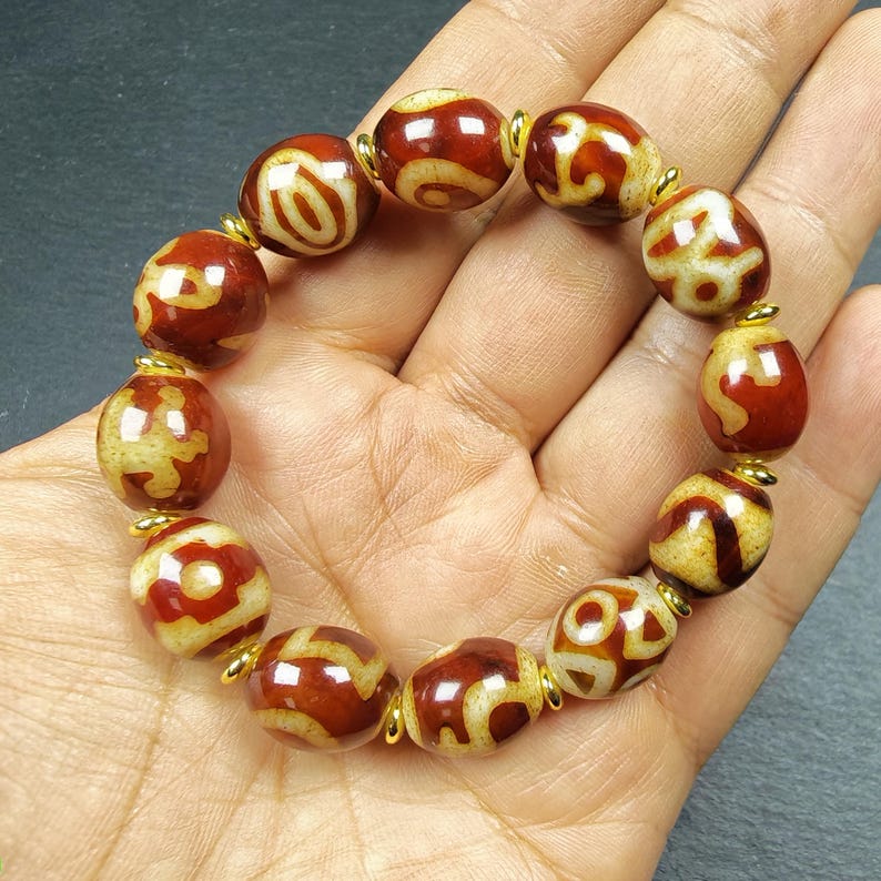Authentic Tibetan Fire Agate Dzi Beads Wrist Mala - 14× 12mm