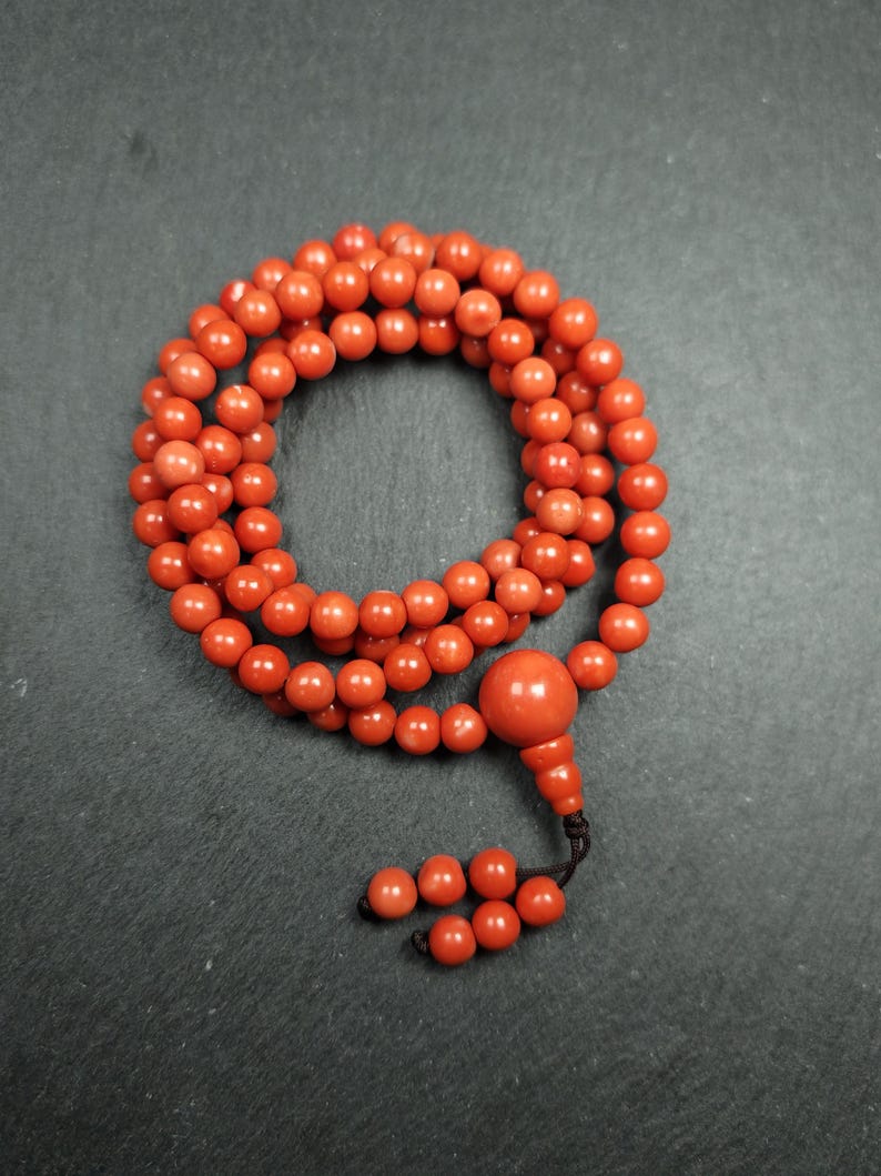 8mm Red Bamboo Coral Necklace Mala - 41cm stretched - Tibetan Buddhist mala beads, view 5