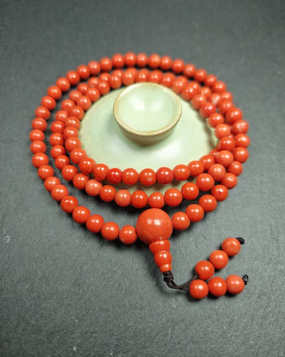 8mm Red Bamboo Coral Necklace Mala - 41cm stretched - Tibetan Buddhist mala beads, detailed view