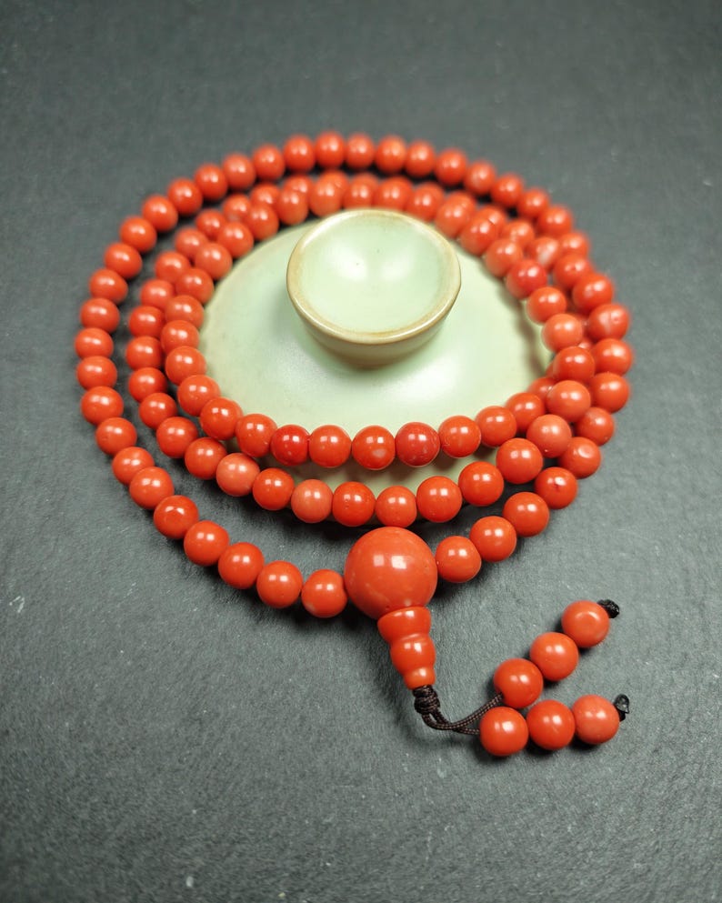 8mm Red Bamboo Coral Necklace Mala - 41cm stretched - Tibetan Buddhist mala beads, detailed view