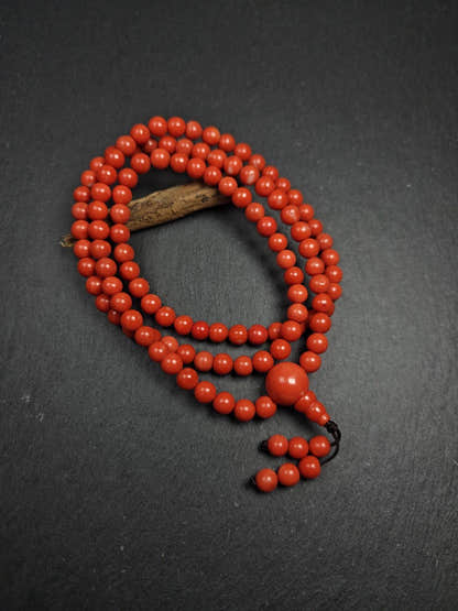 8mm Red Bamboo Coral Necklace Mala - 41cm stretched - Tibetan Buddhist mala beads, view 4