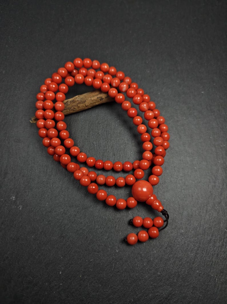 8mm Red Bamboo Coral Necklace Mala - 41cm stretched - Tibetan Buddhist mala beads, view 4