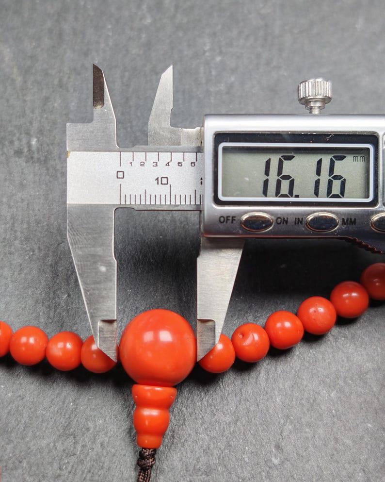 8mm Red Bamboo Coral Necklace Mala - 41cm stretched - Tibetan Buddhist mala beads, view 10