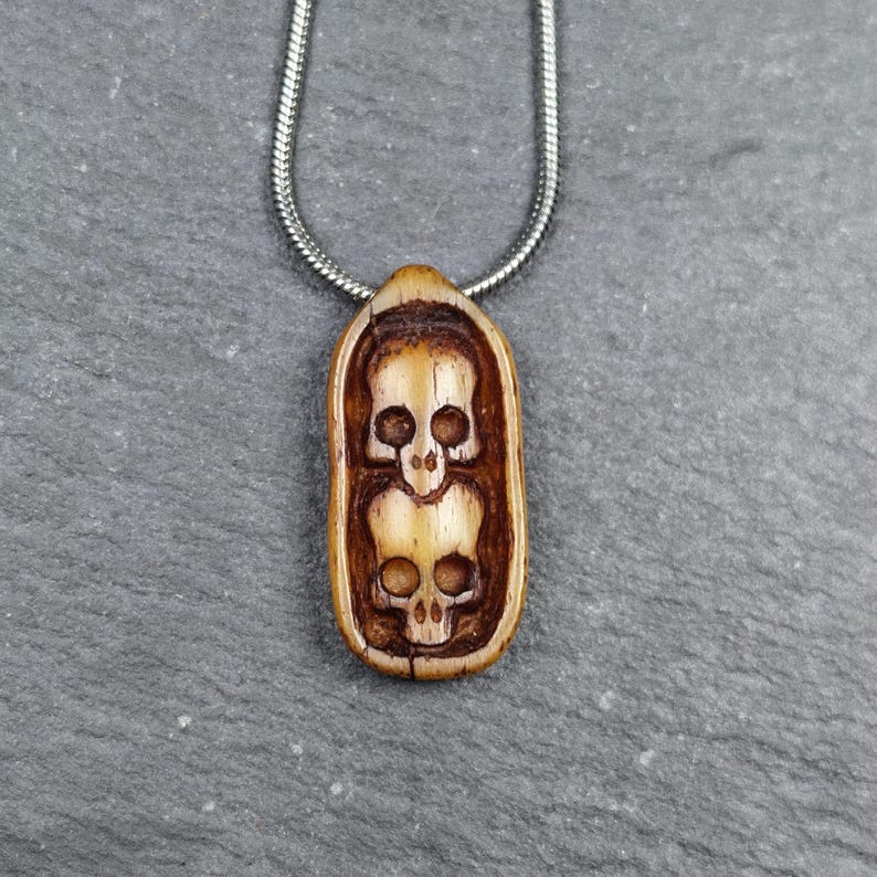 Authentic Yak Bone Carved Dual Skeleton Skull Pendant 30mm × 14mm
