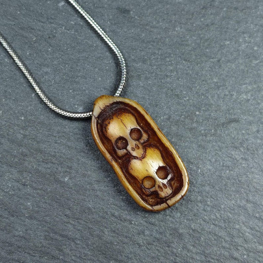 Authentic Yak Bone Carved Dual Skeleton Skull Pendant 30mm × 14mm
