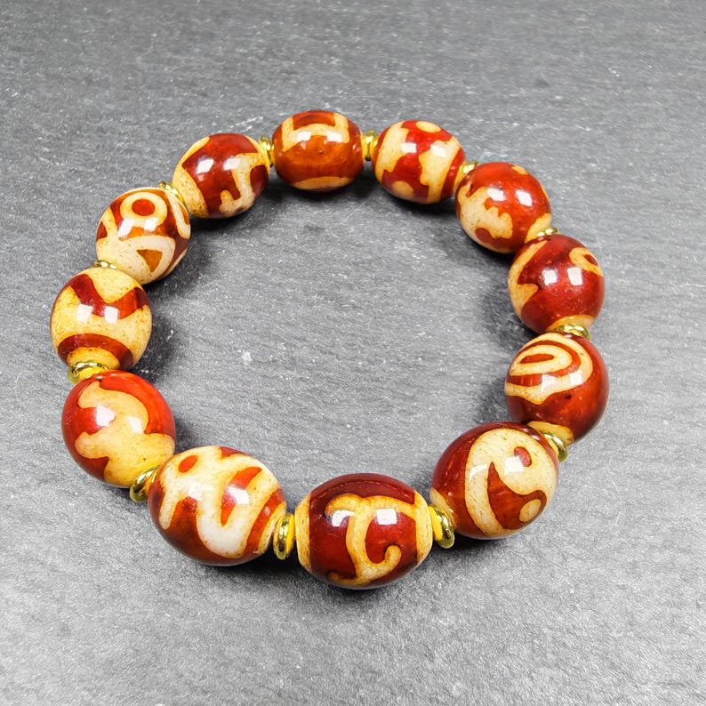 Authentic Tibetan Fire Agate Dzi Beads Wrist Mala - 14× 12mm