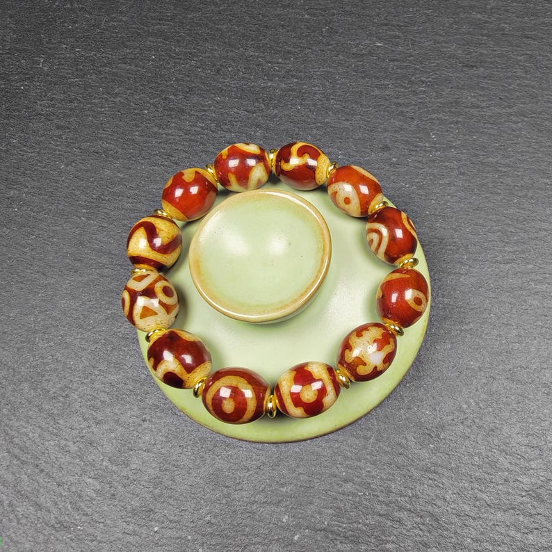 Authentic Tibetan Fire Agate Dzi Beads Wrist Mala - 14× 12mm