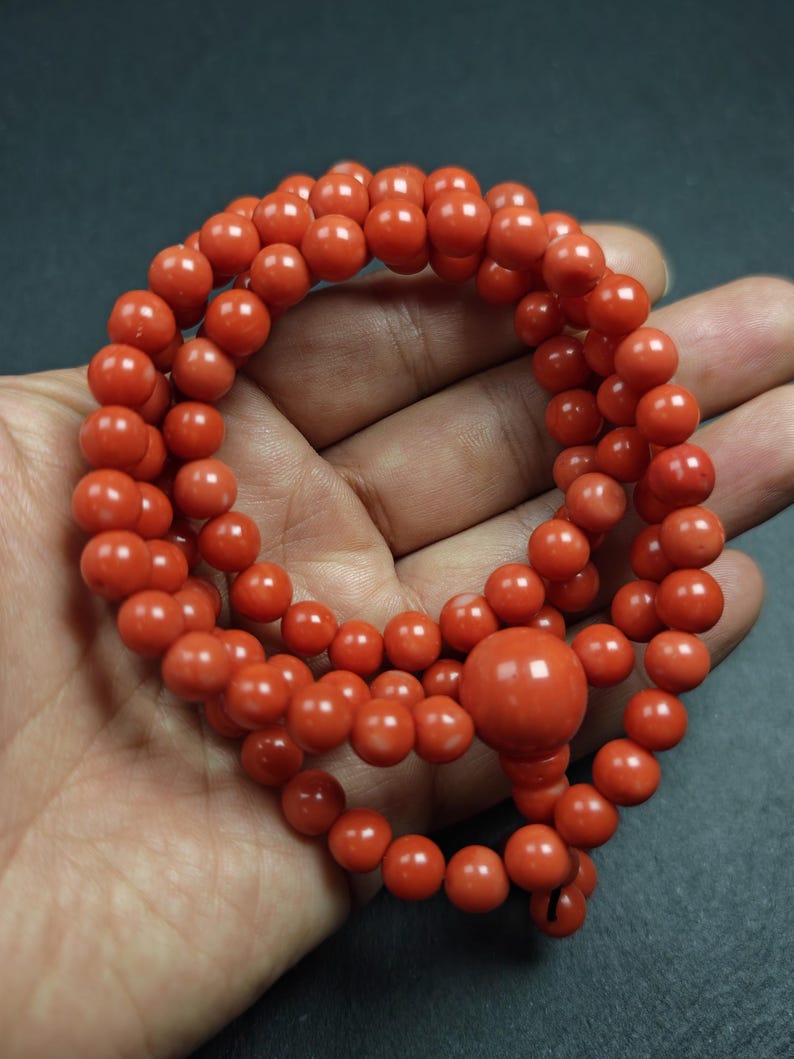 8mm Red Bamboo Coral Necklace Mala - 41cm stretched - Tibetan Buddhist mala beads, view 6