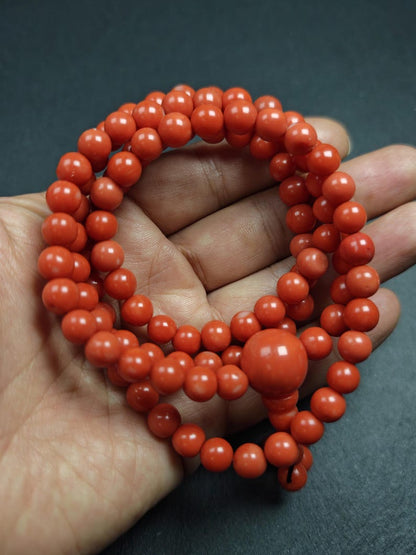 8mm Red Bamboo Coral Necklace Mala - 41cm stretched