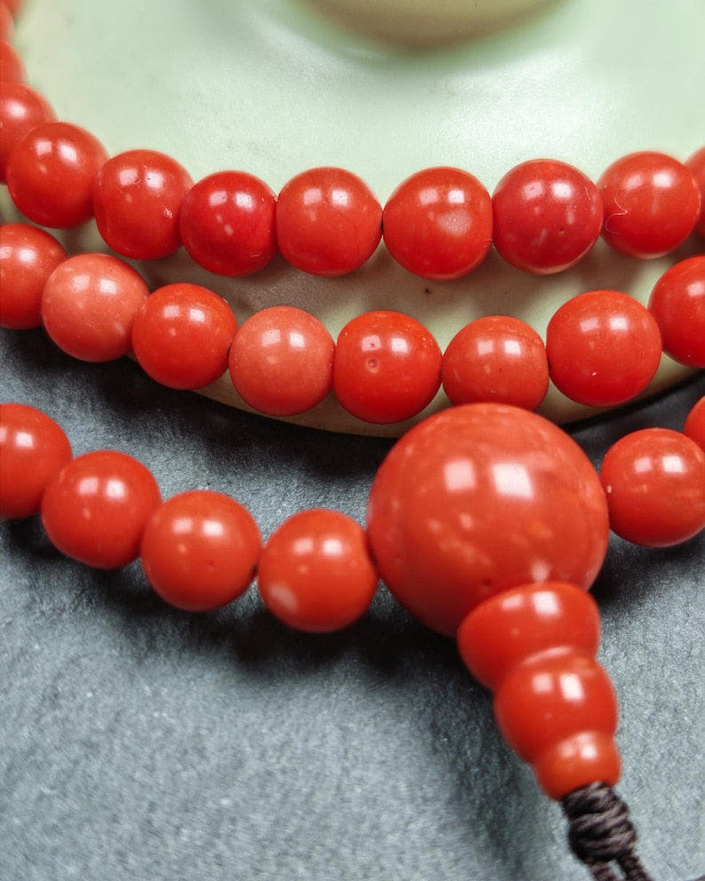 8mm Red Bamboo Coral Necklace Mala - 41cm stretched - Tibetan Buddhist mala beads, view 7