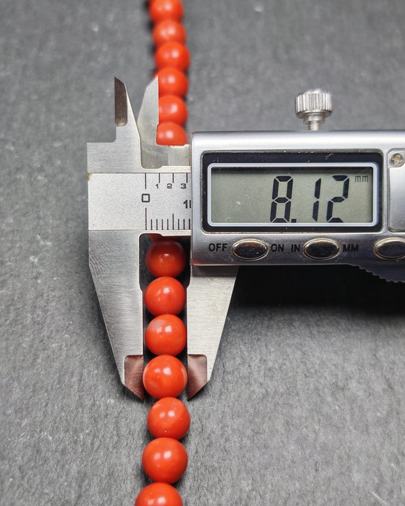 8mm Red Bamboo Coral Necklace Mala - 41cm stretched - Tibetan Buddhist mala beads, view 9