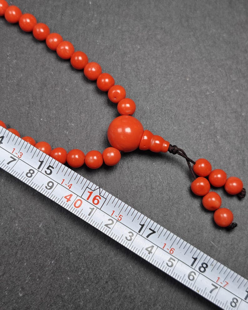 8mm Red Bamboo Coral Necklace Mala - 41cm stretched - Tibetan Buddhist mala beads, view 8