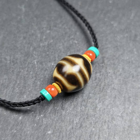 Tiger Tooth Dzi Bead Collarbone Pendant Necklace - Tibetan Buddhist bead necklace, front view