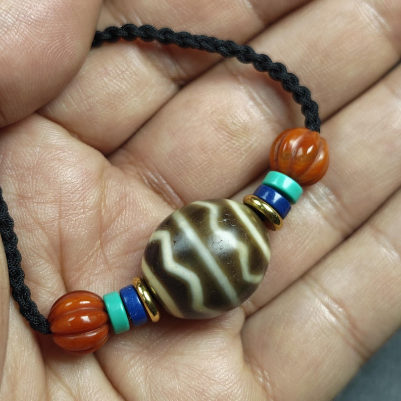 Dzi Bead Necklace - Wave Totem Dalo Dzi Clavicle Chain 20*18mm