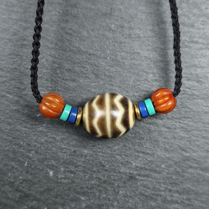 Dzi Bead Necklace - Wave Totem Dalo Dzi Clavicle Chain 20*18mm