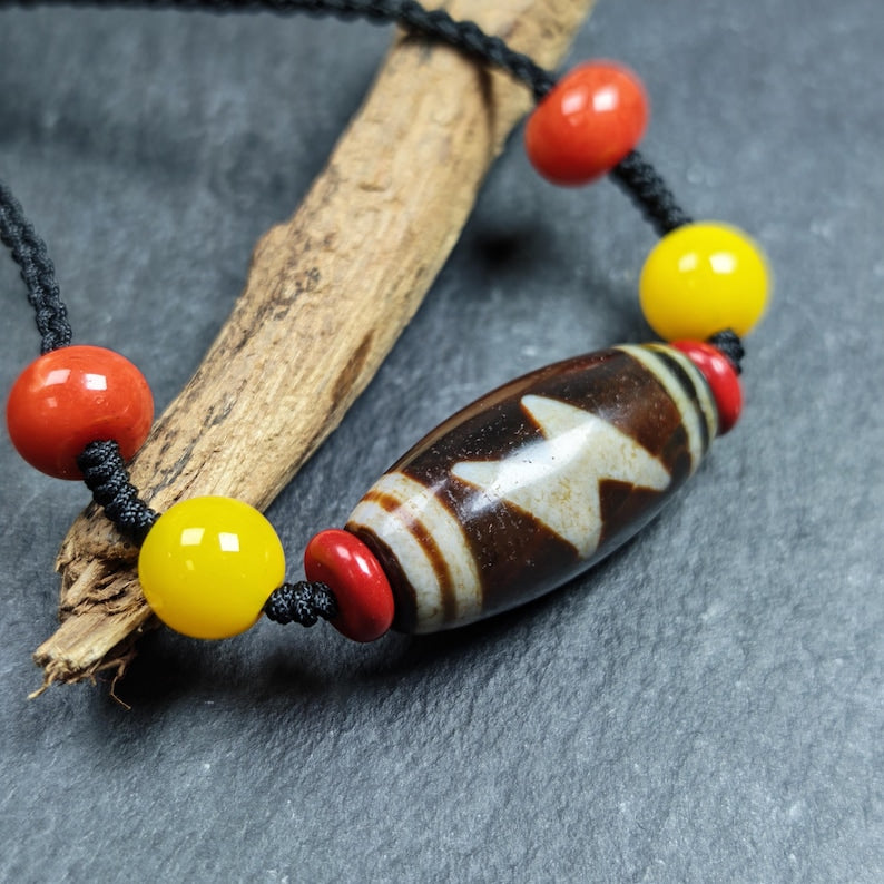 Fire Agate Thunder 5 Eyes Dzi Necklace 30*15mm