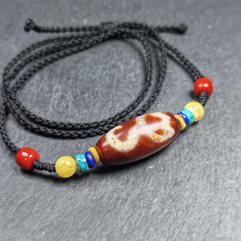 Vintage Fire Lotus Dzi Bead Necklace | 31*15mm