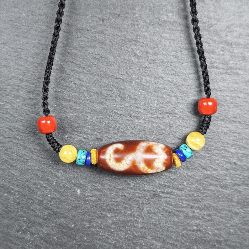 Vintage Fire Lotus Dzi Bead Necklace | 31*15mm