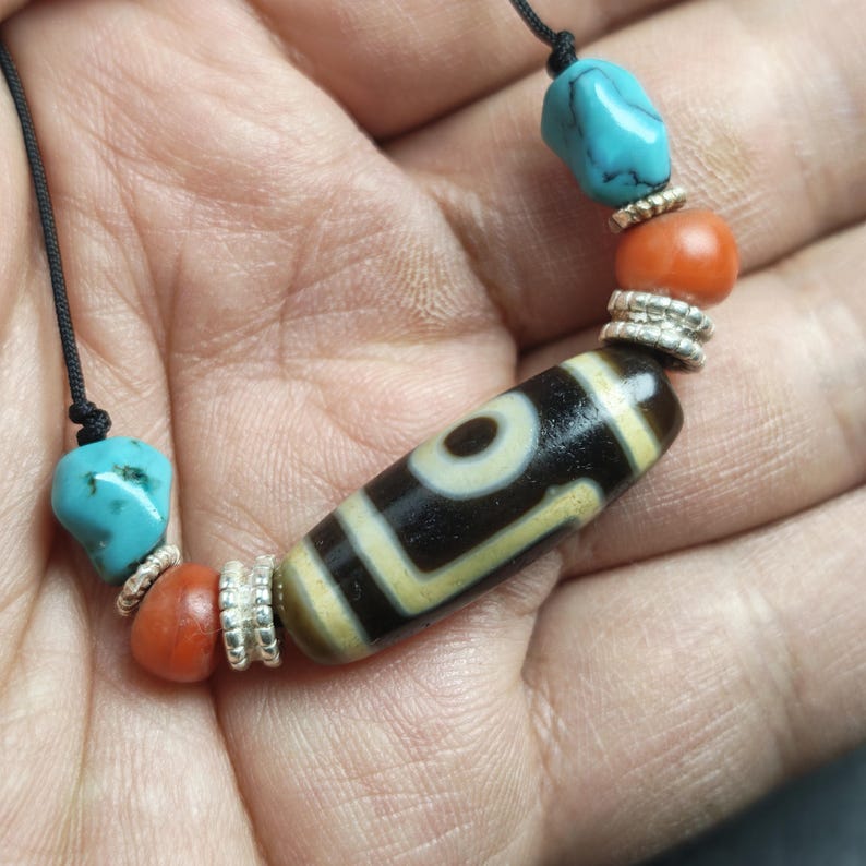 Antique 2 Eyes Dzi Bead Clavicle Necklace - Tibetan Buddhist bead necklace, view 11