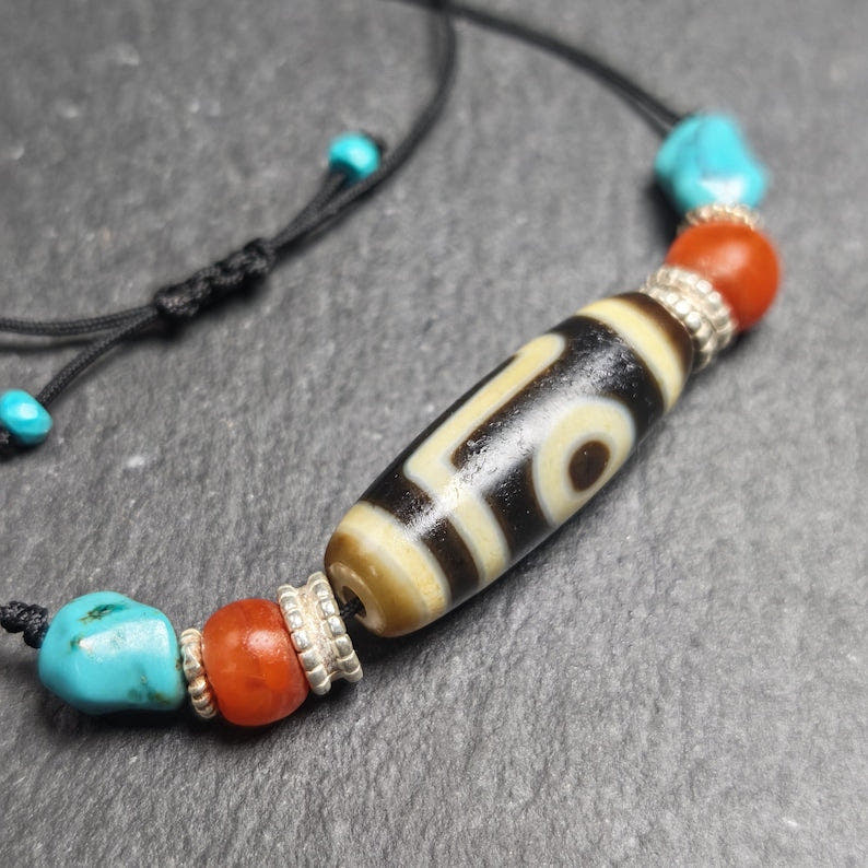 Antique 2 Eyes Dzi Bead Clavicle Necklace - Tibetan Buddhist bead necklace, detailed view