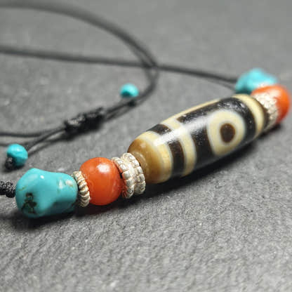 Antique 2 Eyes Dzi Bead Clavicle Necklace - Tibetan Buddhist bead necklace, close-up detail
