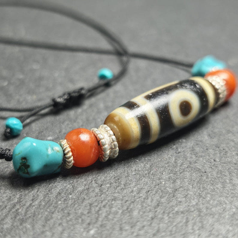 Antique 2 Eyes Dzi Bead Clavicle Necklace - Tibetan Buddhist bead necklace, close-up detail