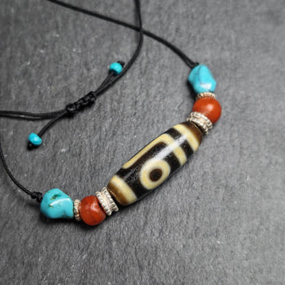 Antique 2 Eyes Dzi Bead Clavicle Necklace - Tibetan Buddhist bead necklace, front view