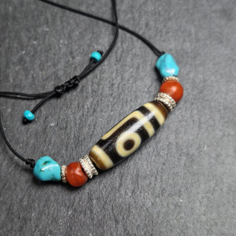 Antique 2 Eyes Dzi Bead Clavicle Necklace - Tibetan Buddhist bead necklace, front view